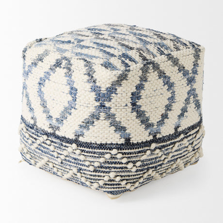 Eshana Cream Wool and Denim Patterned Pouf by Mercana at Eve Furniture