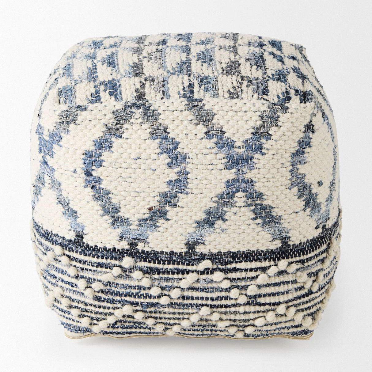 Eshana Cream Wool and Denim Patterned Pouf by Mercana at Eve Furniture