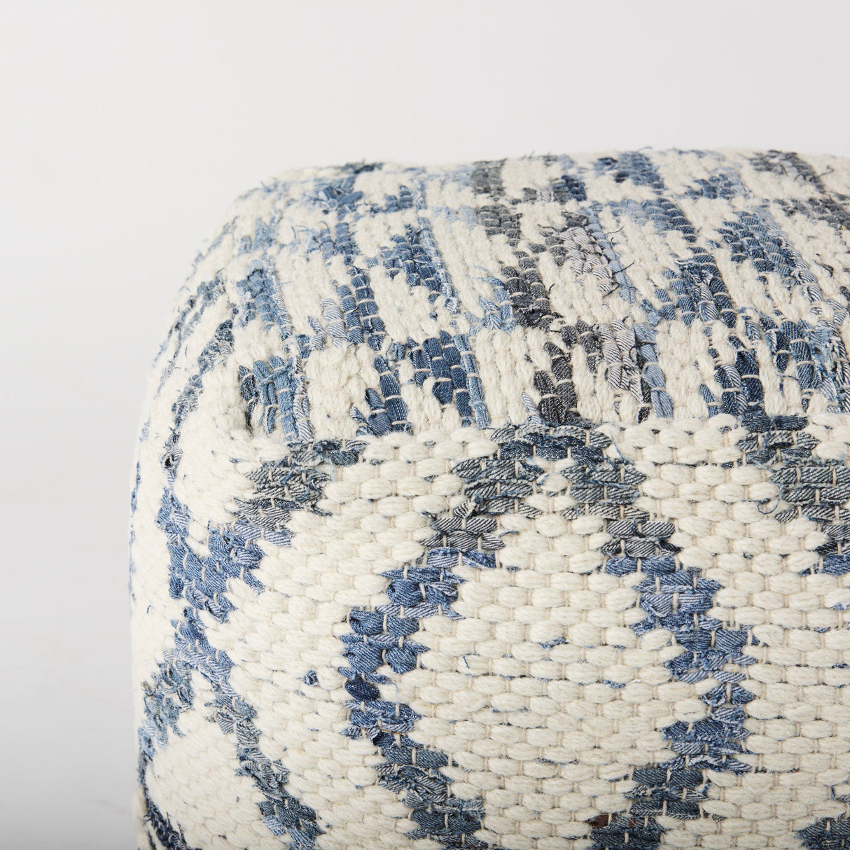 Eshana Cream Wool and Denim Patterned Pouf by Mercana at Eve Furniture
