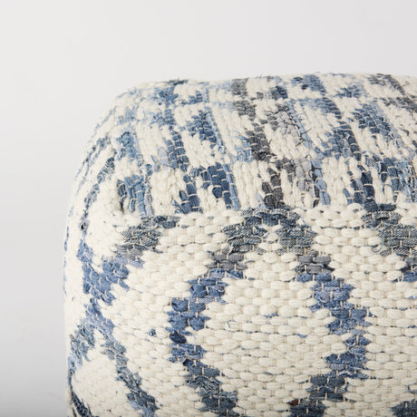 Eshana Cream Wool and Denim Patterned Pouf by Mercana at Eve Furniture