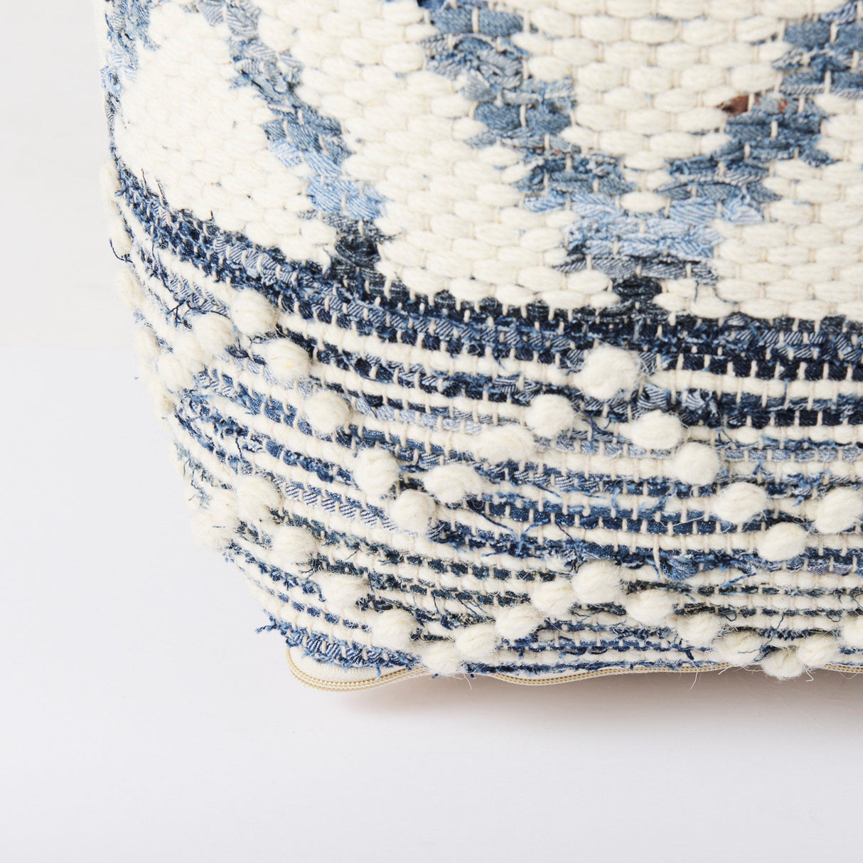 Eshana Cream Wool and Denim Patterned Pouf by Mercana at Eve Furniture