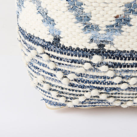 Eshana Cream Wool and Denim Patterned Pouf by Mercana at Eve Furniture