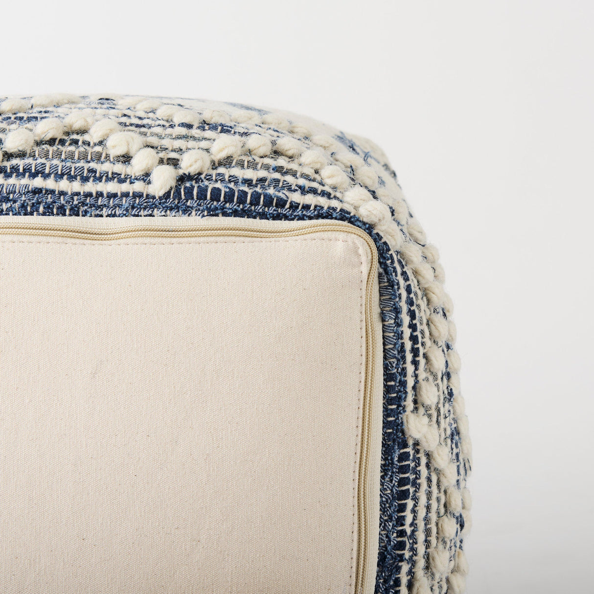 Eshana Cream Wool and Denim Patterned Pouf by Mercana at Eve Furniture
