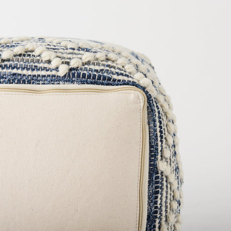 Eshana Cream Wool and Denim Patterned Pouf by Mercana at Eve Furniture