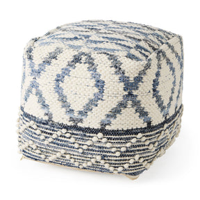 Eshana Cream Wool and Denim Patterned Pouf by Mercana at Eve Furniture
