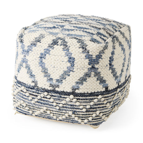 Eshana Cream Wool and Denim Patterned Pouf by Mercana at Eve Furniture