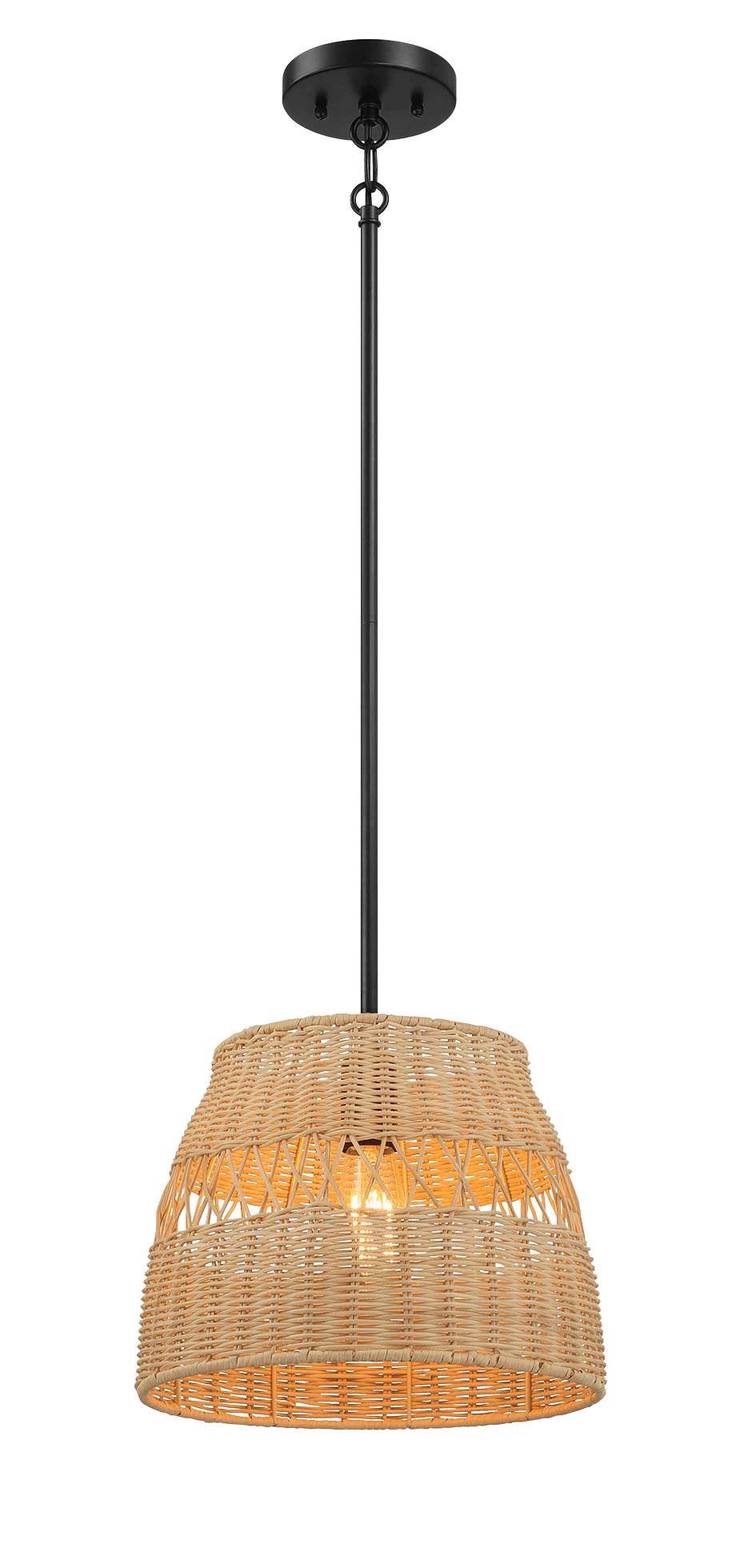 Essence Single Lights Pendant With Rattan Shade  Black Metal Finish for Farmhouse Style