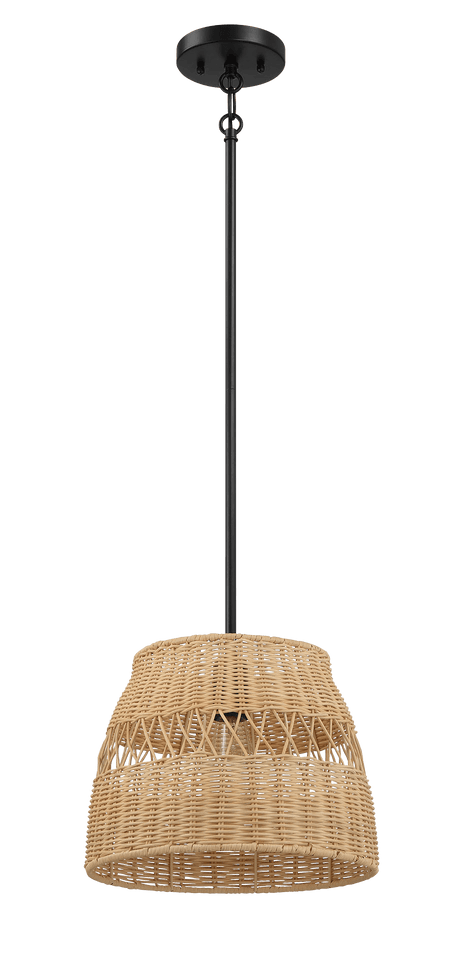 Essence Single Lights Pendant With Rattan Shade  Black Metal Finish for Farmhouse Style