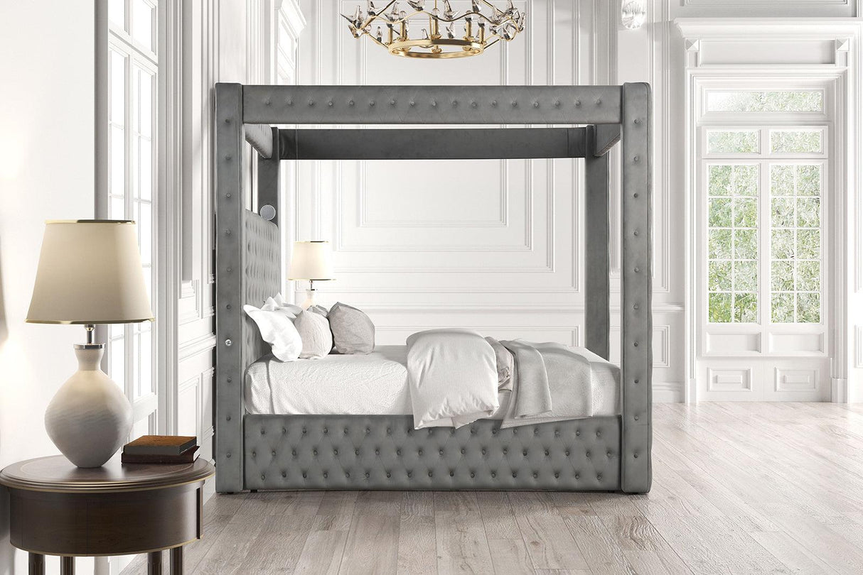 Etherea Gray Queen Upholstered Platform Poster Bed by Furniture of America at Eve Furniture