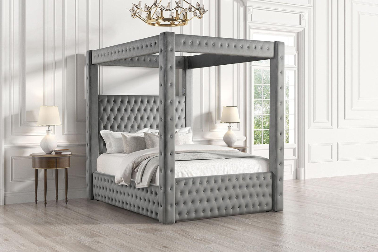 Etherea Gray Queen Upholstered Platform Poster Bed by Furniture of America at Eve Furniture
