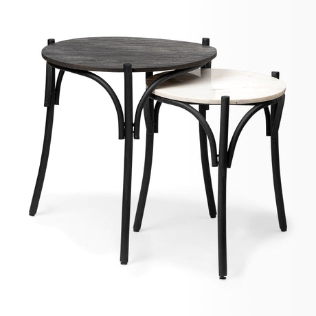 Etienne VII Set of Two Round Top Black Wood and Marble Top Nesting Table by Mercana at Eve Furniture