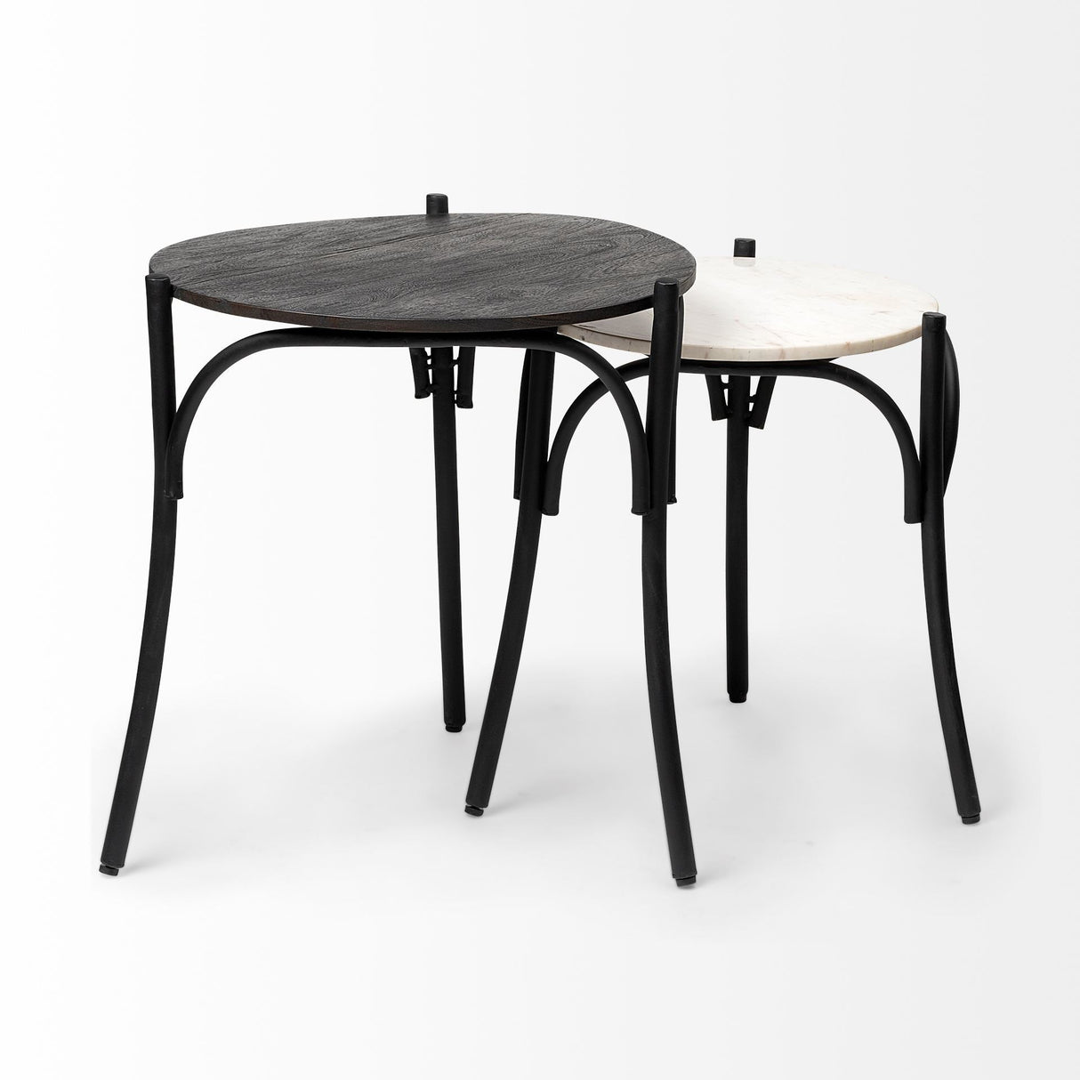 Etienne VII Set of Two Round Top Black Wood and Marble Top Nesting Table by Mercana at Eve Furniture