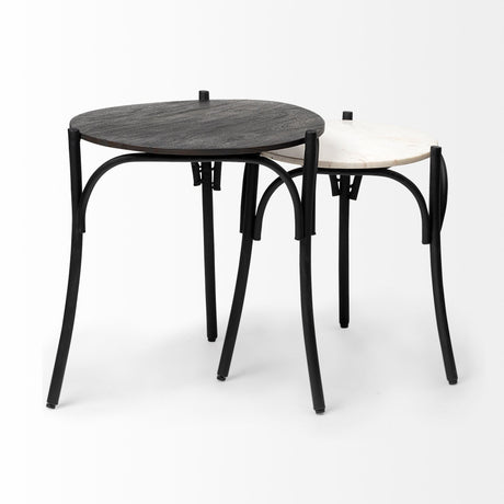 Etienne VII Set of Two Round Top Black Wood and Marble Top Nesting Table by Mercana at Eve Furniture