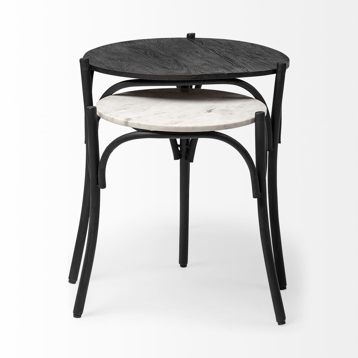 Etienne VII Set of Two Round Top Black Wood and Marble Top Nesting Table by Mercana at Eve Furniture