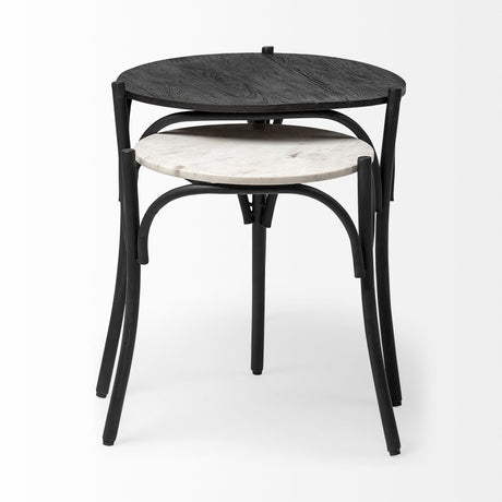 Etienne VII Set of Two Round Top Black Wood and Marble Top Nesting Table by Mercana at Eve Furniture