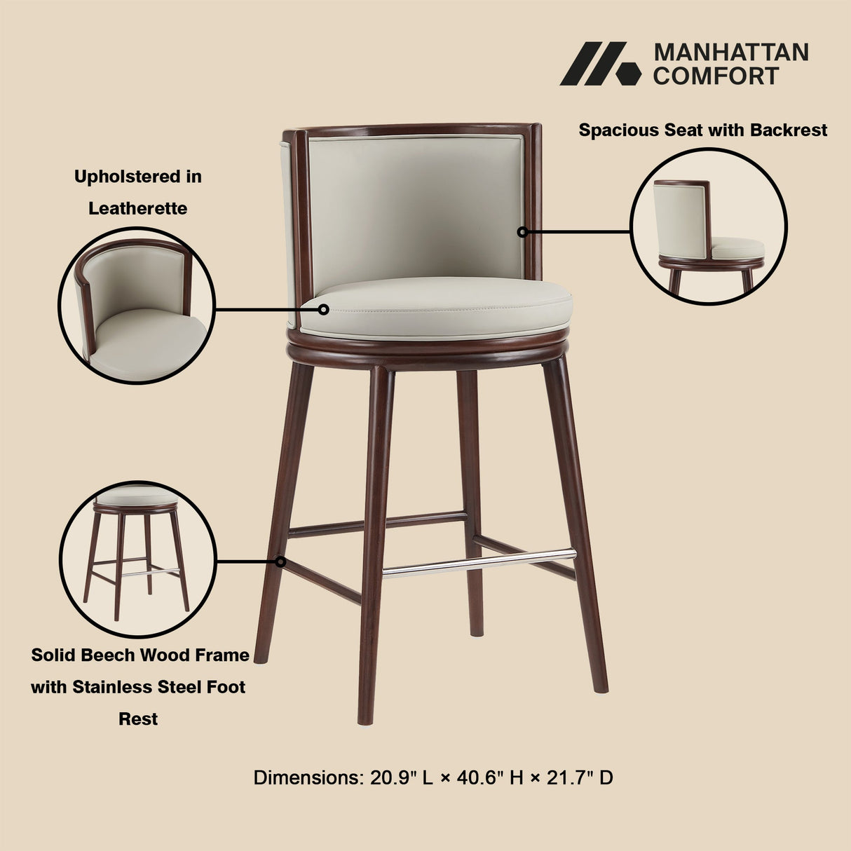 Evalyn Barstool in Stone (set of 2) by Manhattan Comfort at Eve Furniture