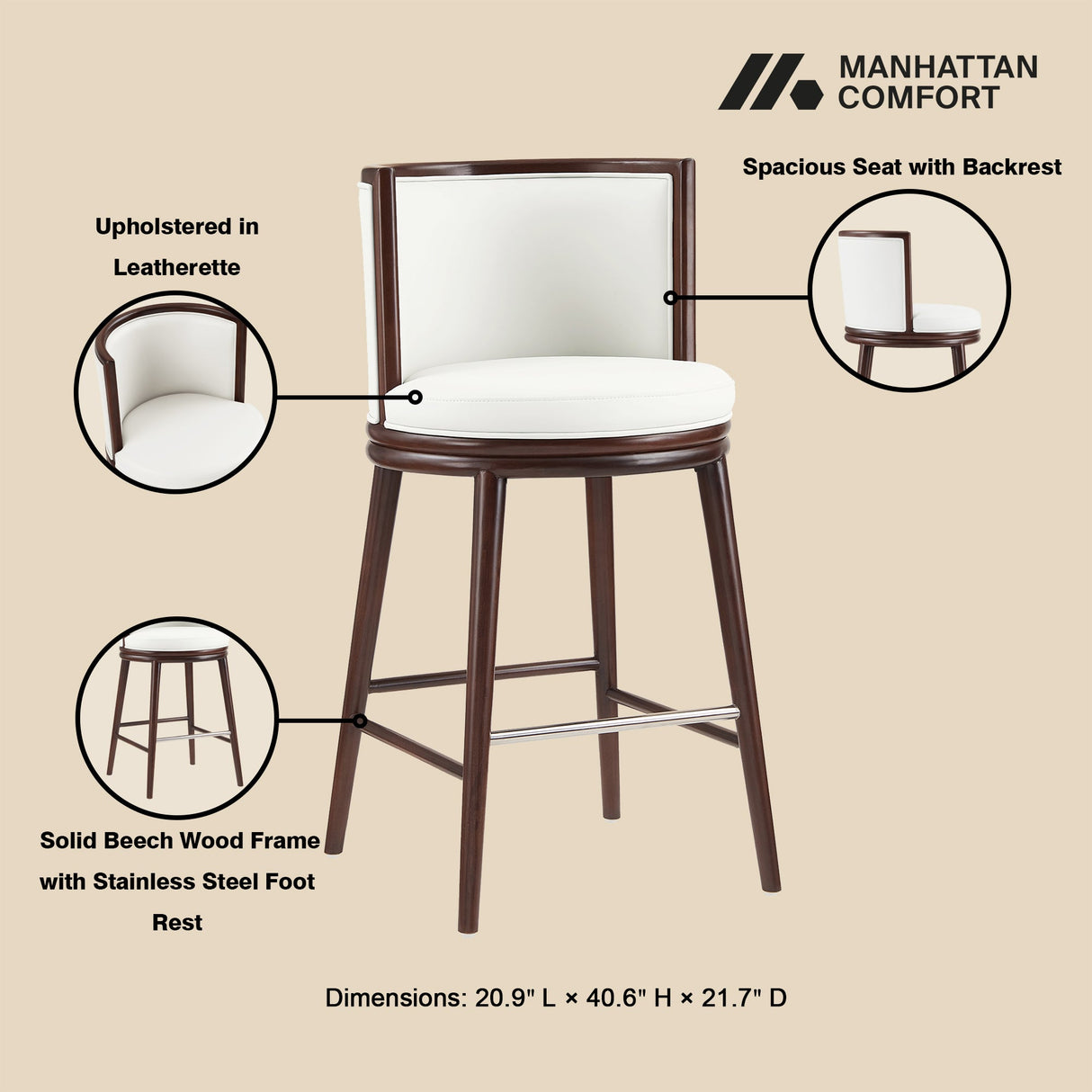 Evalyn Barstool in White (set of 2) by Manhattan Comfort at Eve Furniture
