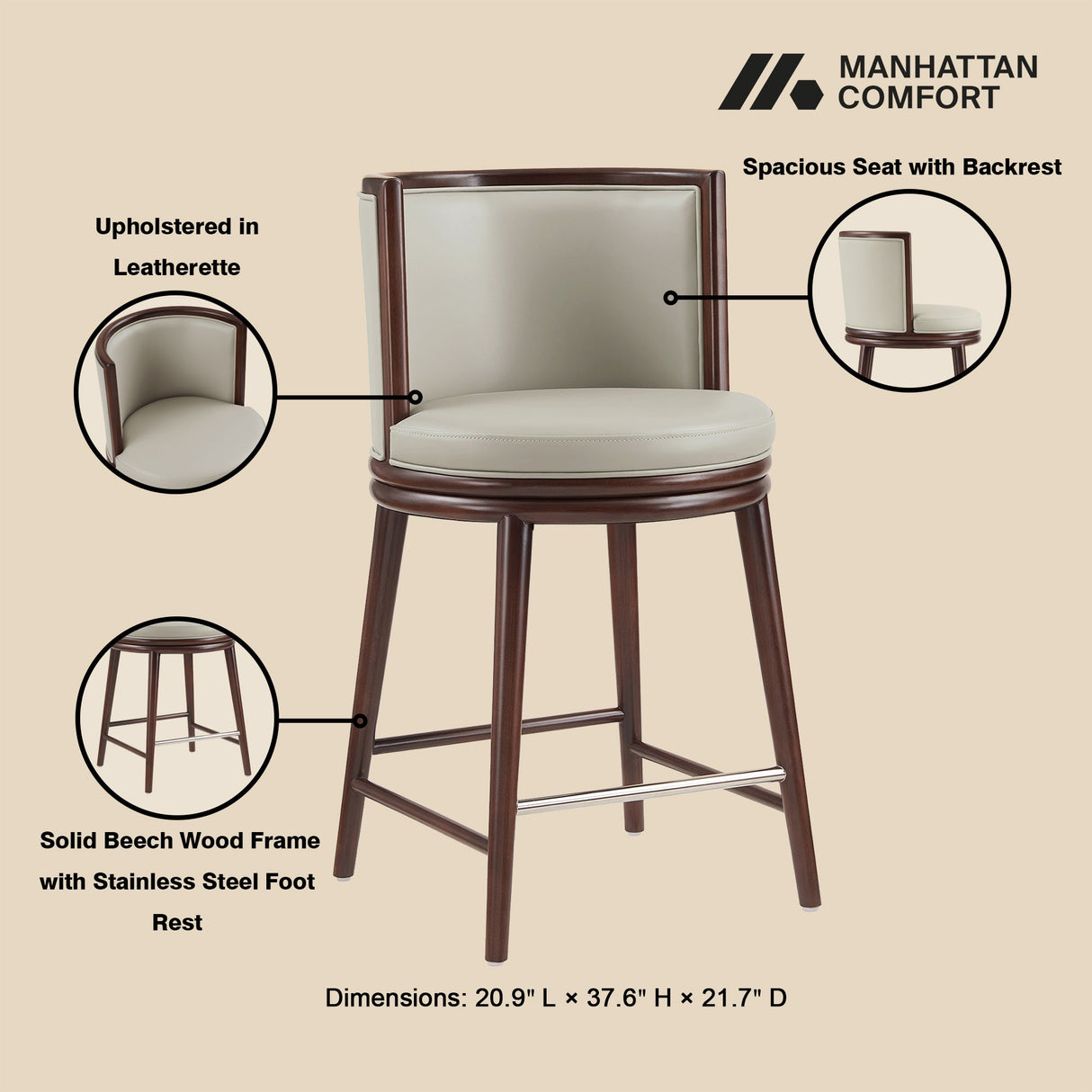 Evalyn Counter Stool in Stone (set of 2) by Manhattan Comfort at Eve Furniture