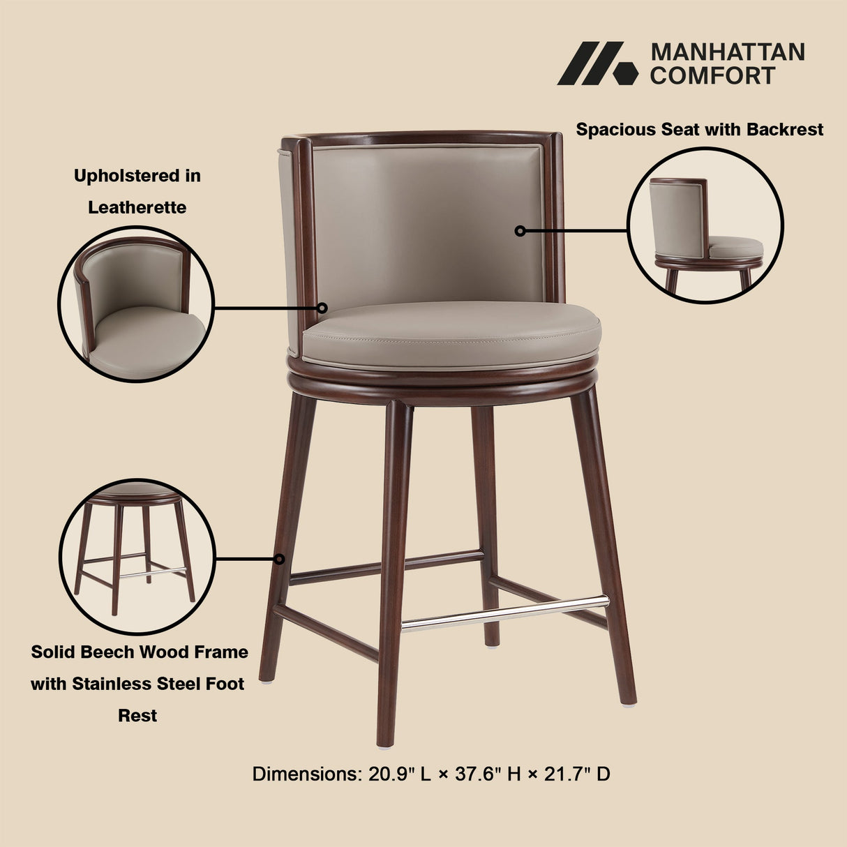 Evalyn Counter Stool in Taupe (set of 2) by Manhattan Comfort at Eve Furniture