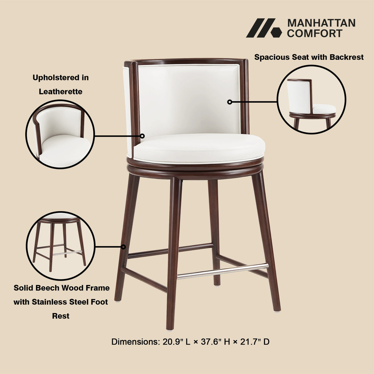 Evalyn Counter Stool in White by Manhattan Comfort at Eve Furniture