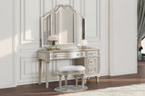 Evangeline 3-piece Vanity Table Set with Tri-Fold Mirror and Stool Silver Oak