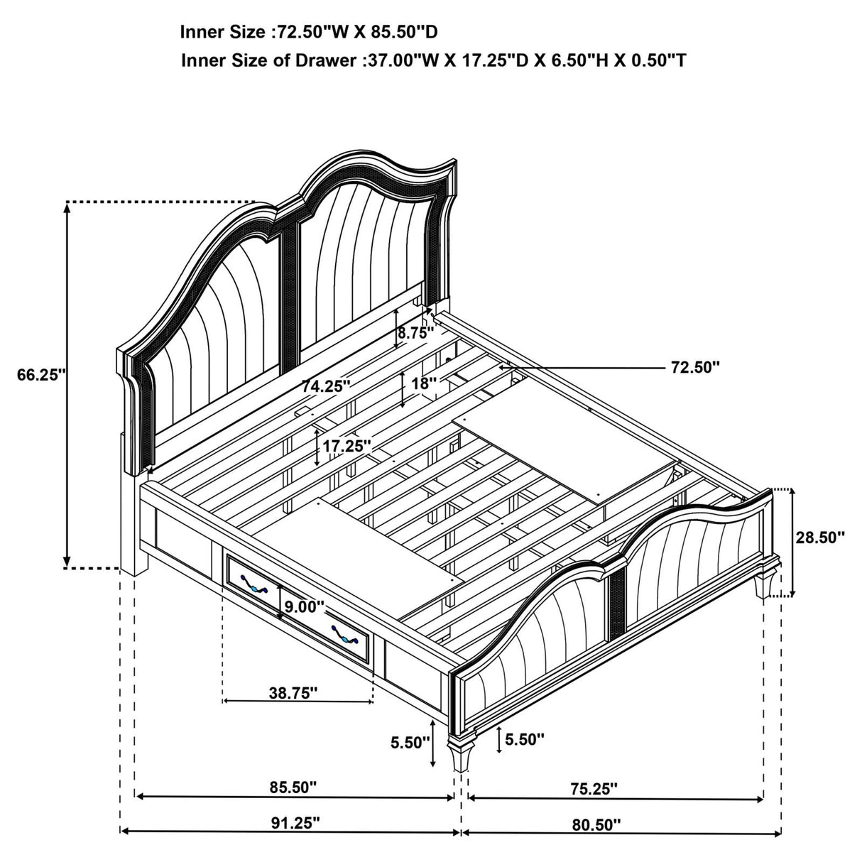 Evangeline California King Storage Bed with LED Headboard Silver Oak and Ivory