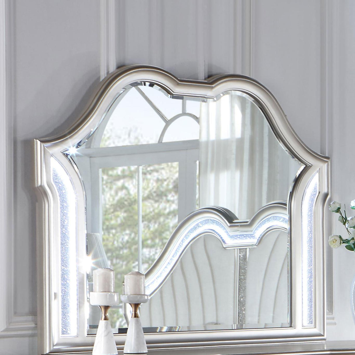 Evangeline Silver Oak Camel Top Dresser Mirror