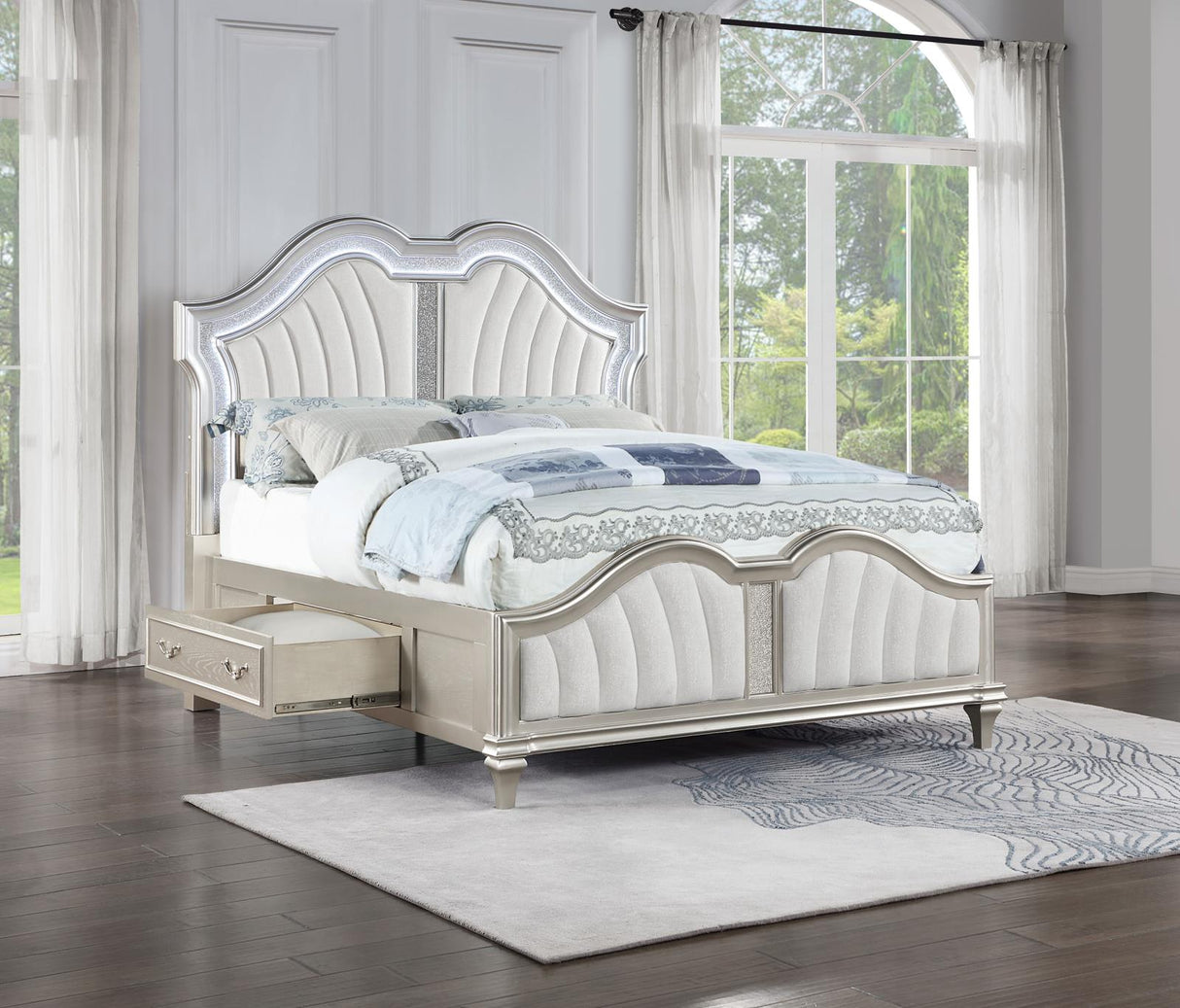 Evangeline Eastern King Storage Bed with LED Headboard Silver Oak and Ivory