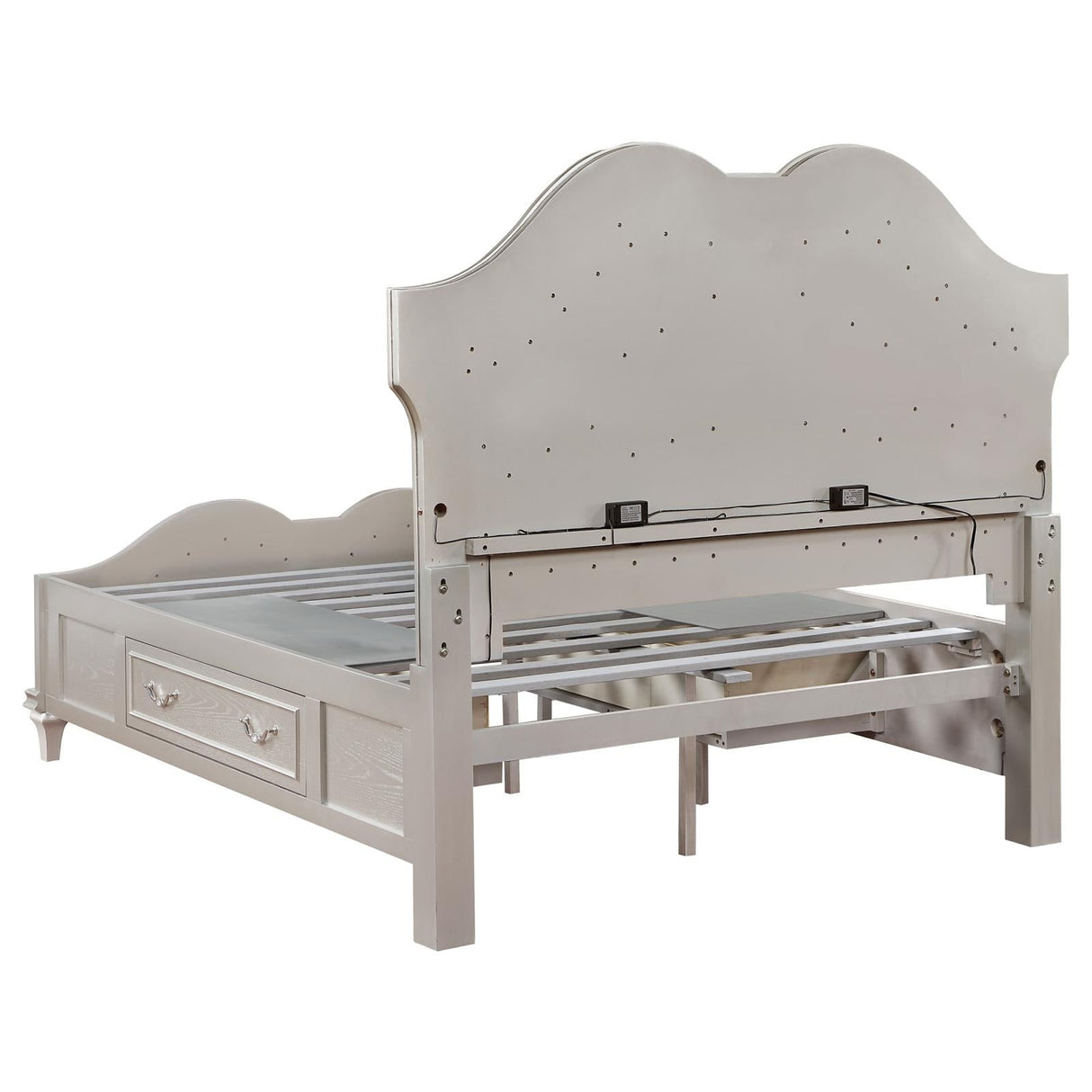 Evangeline Eastern King Storage Bed with LED Headboard Silver Oak and Ivory