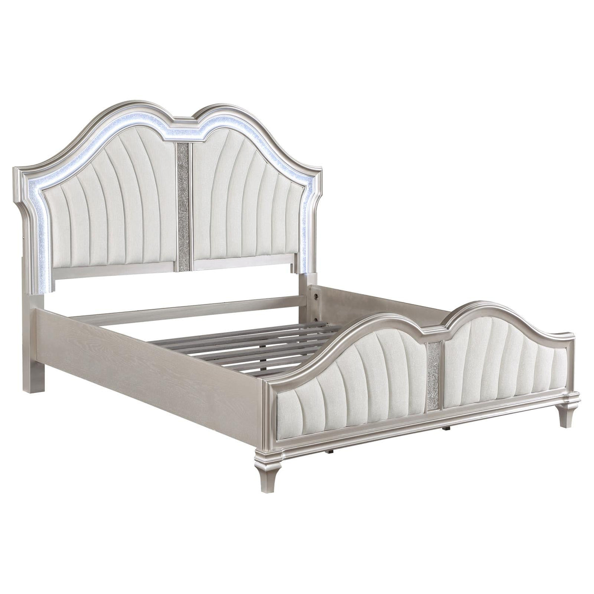 Evangeline Ivory/Silver Oak 4-Piece Upholstered Platform Eastern King Bedroom Set by Coaster at Eve Furniture
