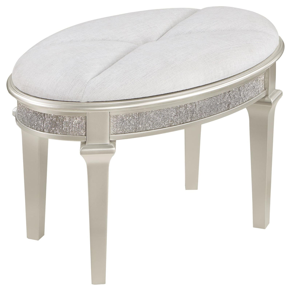 Evangeline Silver/Ivory Oval Vanity Stool with Faux Diamond Trim