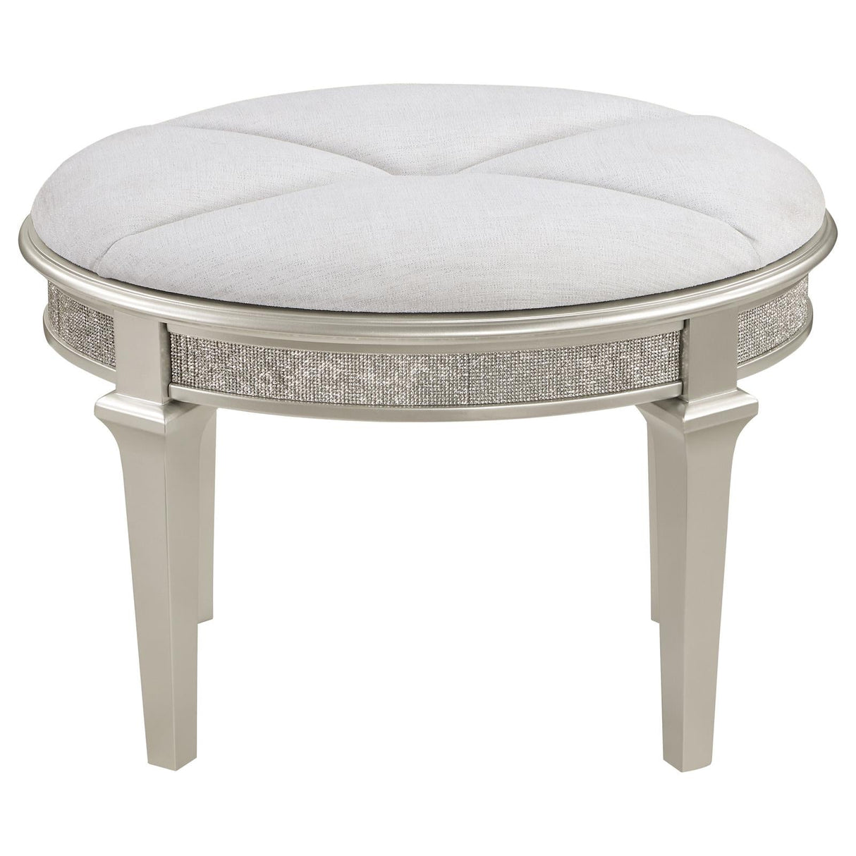 Evangeline Silver/Ivory Oval Vanity Stool with Faux Diamond Trim