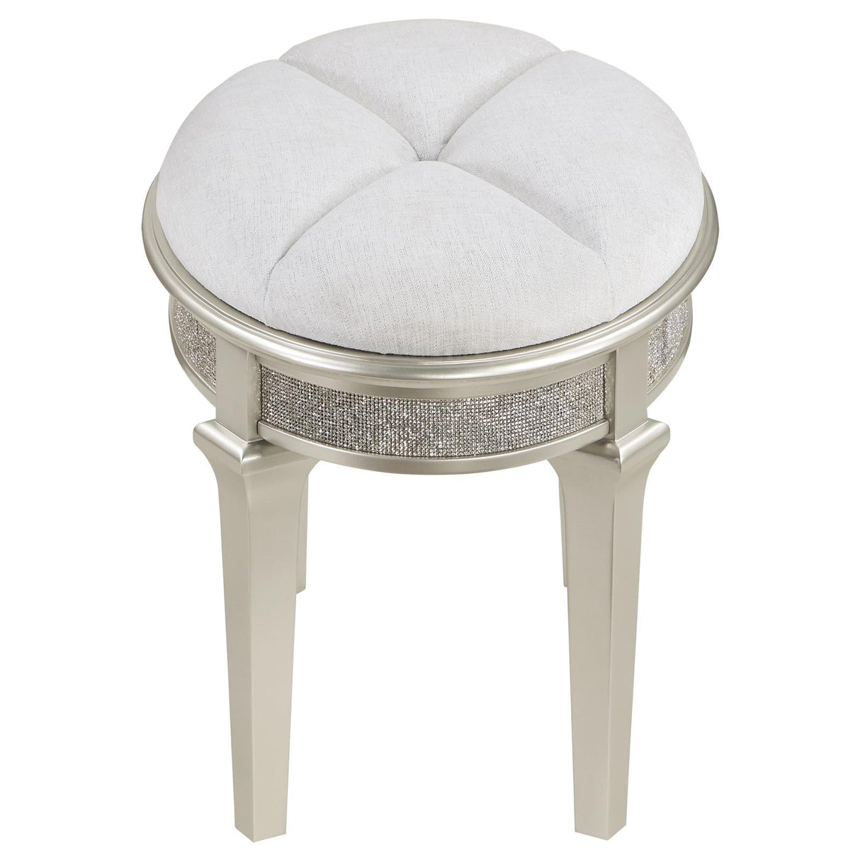 Evangeline Silver/Ivory Oval Vanity Stool with Faux Diamond Trim