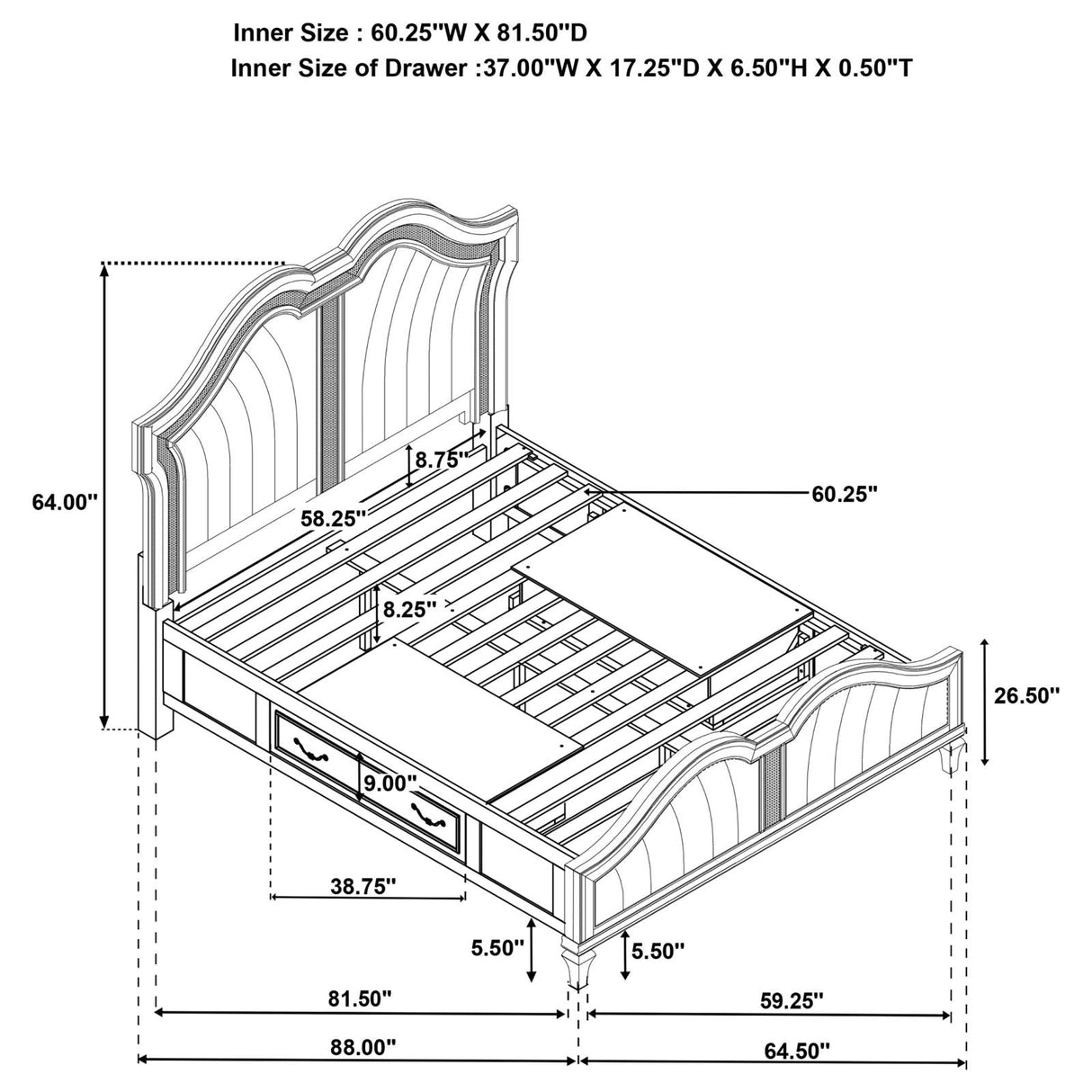 Evangeline Queen Storage Bed with LED Headboard Silver Oak and Ivory