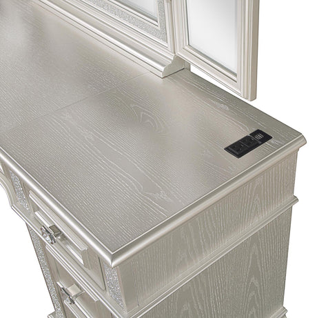 Evangeline Silver and Ivory 4-drawer Vanity Table with Faux Diamond Trim by Coaster at Eve Furniture