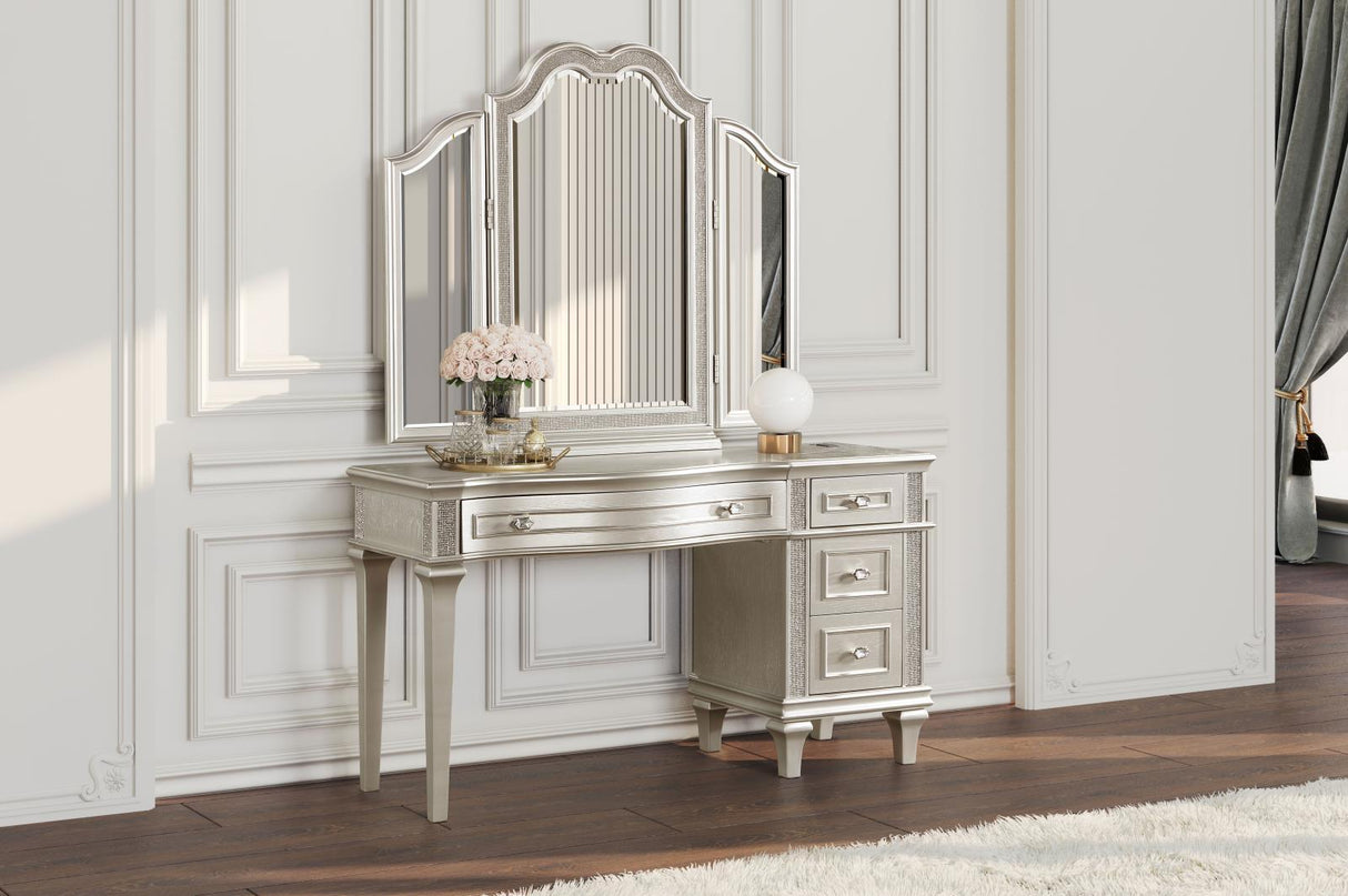 Evangeline Silver and Ivory 4-drawer Vanity Table with Faux Diamond Trim by Coaster at Eve Furniture