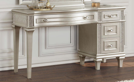 Evangeline Silver and Ivory 4-drawer Vanity Table with Faux Diamond Trim by Coaster at Eve Furniture