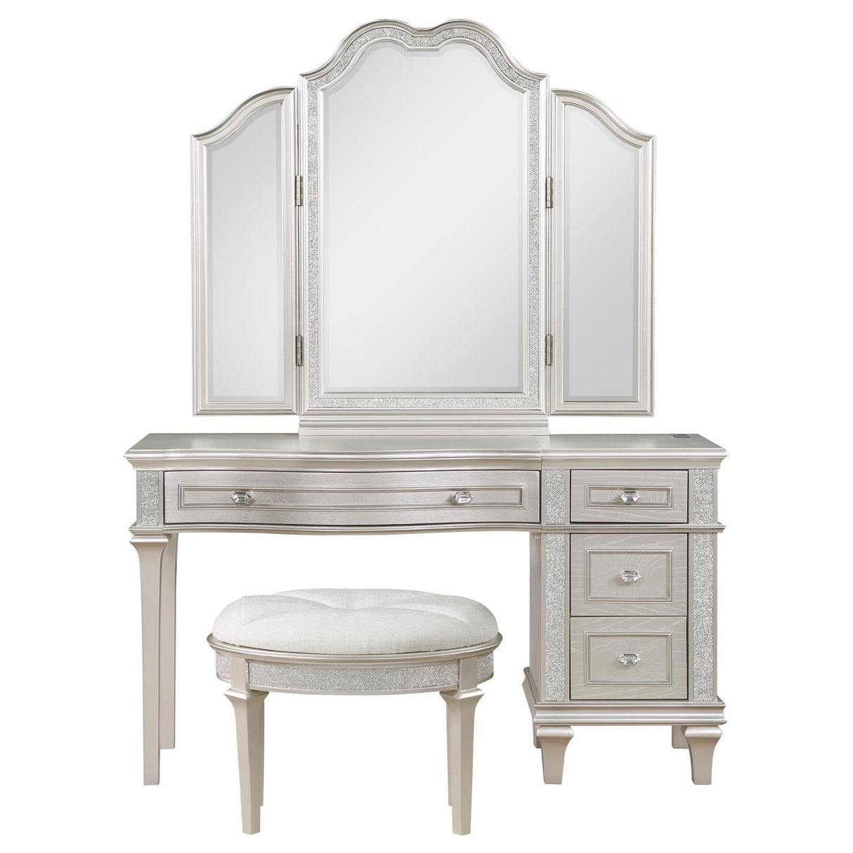 Evangeline Silver Oak 3-piece Vanity Table Set with Tri-Fold Mirror and Stool by Coaster at Eve Furniture