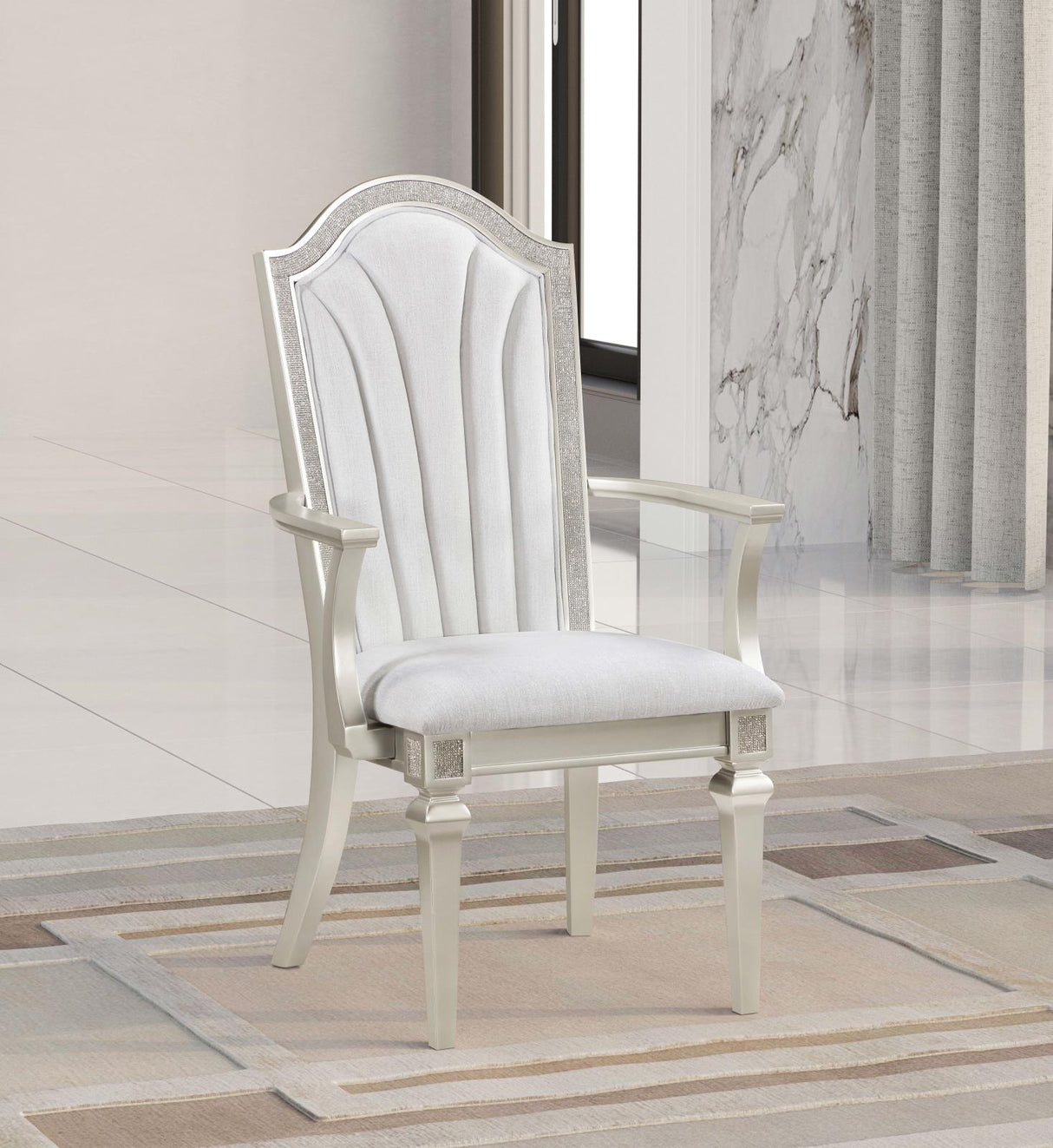 Evangeline Upholstered Dining Arm Chair with Faux Diamond Trim Ivory and Silver (Set of 2)