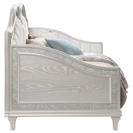Evangeline Upholstered Twin Daybed with Faux Diamond Trim Silver and Ivory by Coaster at Eve Furniture