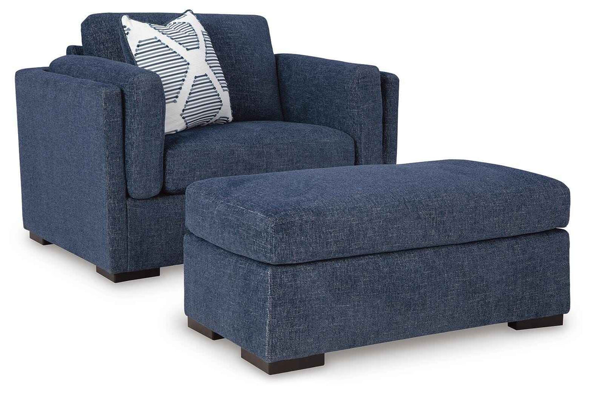 Evansley Navy Chair and Ottoman by Ashley at Eve Furniture
