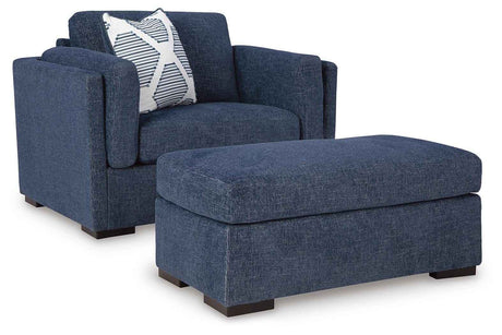 Evansley Navy Chair and Ottoman by Ashley at Eve Furniture
