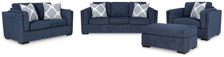 Evansley Sofa, Loveseat, Chair and Ottoman in Navy by Ashley at Eve Furniture