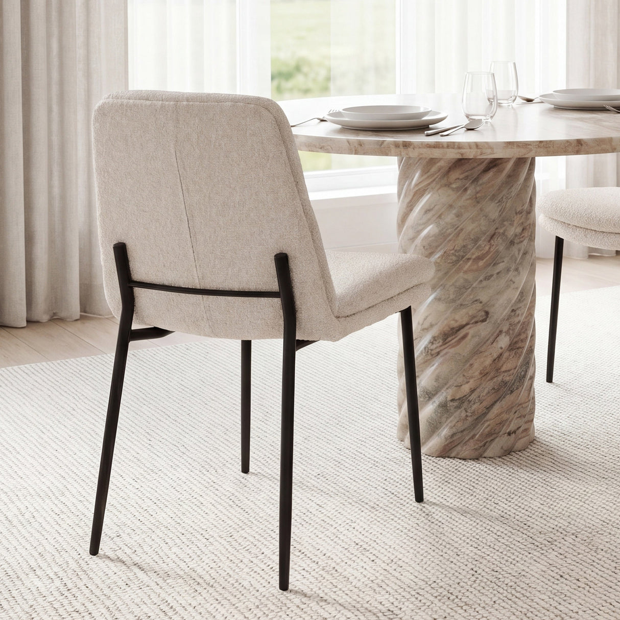 Eve Dining Chair w/ Cream Boucle Fabric & Matte Black Metal, Set of 2 by Mercana at Eve Furniture