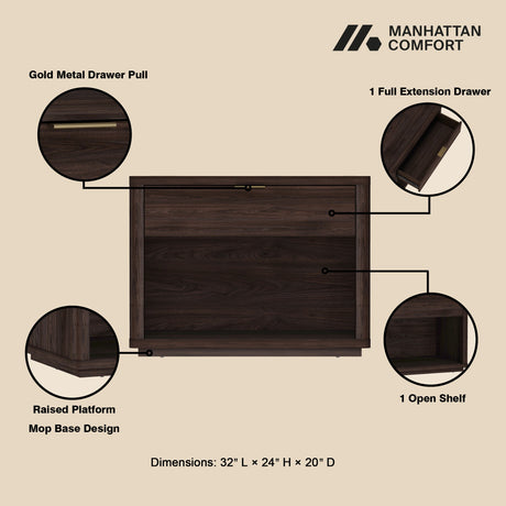 Evelyn 32" Nightstand 2.0 in Brown by Manhattan Comfort at Eve Furniture