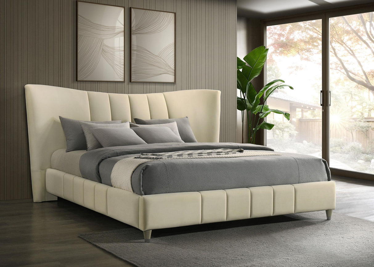 Evelyn Ivory Upholstered Eastern King Panel Platform Bed by Coaster at Eve Furniture
