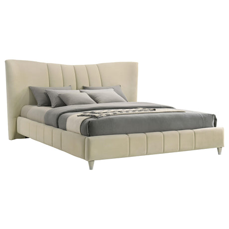 Evelyn Ivory Upholstered Eastern King Panel Platform Bed by Coaster at Eve Furniture