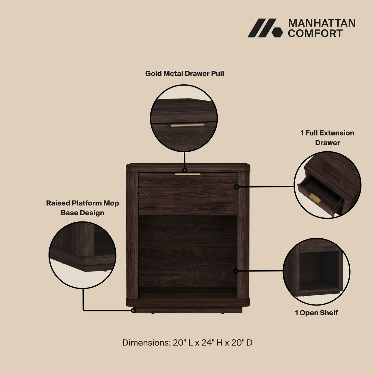 Evelyn Nightstand in Brown by Manhattan Comfort at Eve Furniture