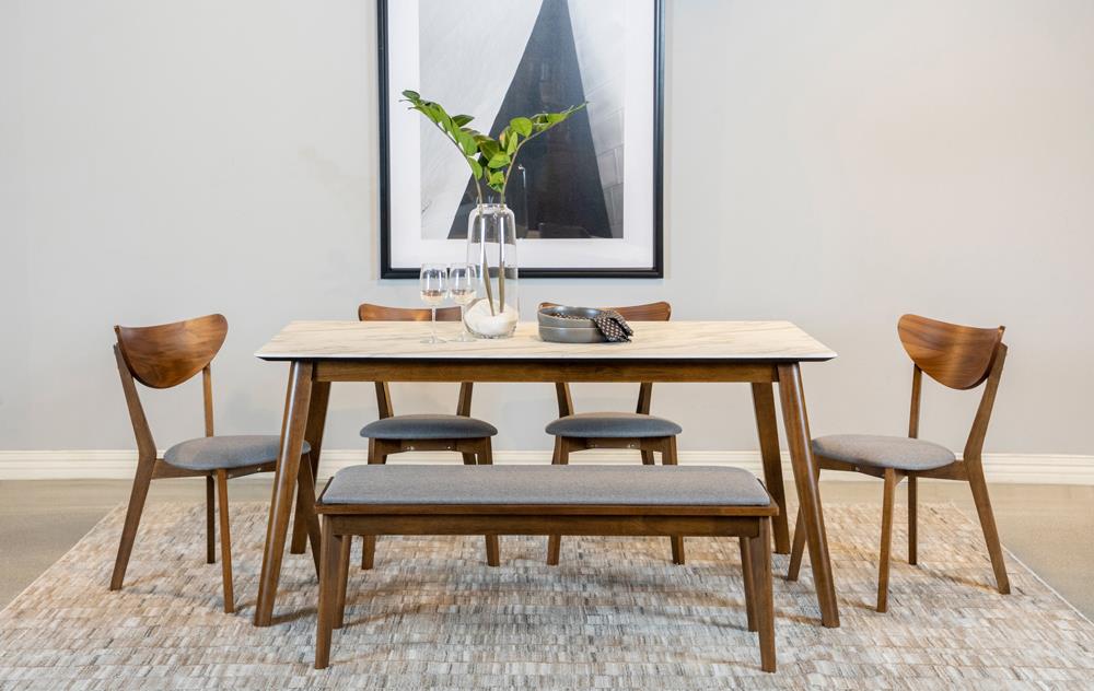 Everett Natural Walnut/White Faux Marble Top Dining Table