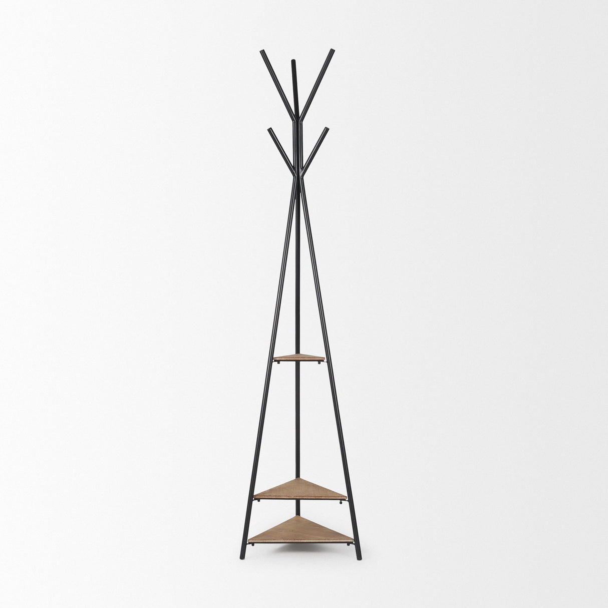 Everett Matte Black Metal w/ Two Wood Shelves Coat Rack by Mercana at Eve Furniture